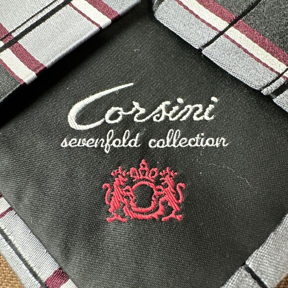CORSINI Men's 7 Fold 100% Silk Tie Black Grey Burgundy Striped ~ Seven Fold Tie - Picture 11 of 11